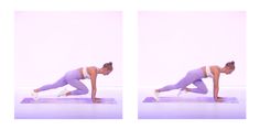 a woman is doing an exercise on a mat with one leg up and the other down