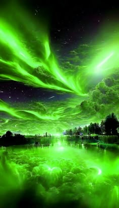 the sky is filled with green lights as it looks like an aurora bore over water