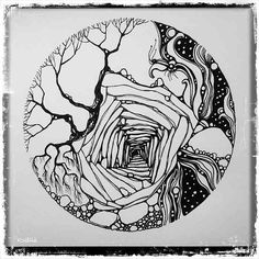 a black and white drawing of a tree in the middle of a circular hole with swirls on it