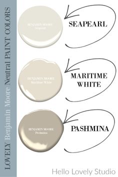 three different shades of white paint with the words sea pearl, maritime white, and pasmina