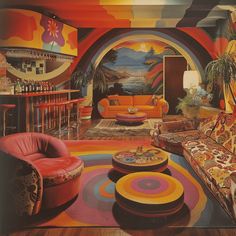 a living room filled with lots of furniture and colorful rugs on the floor next to a bar