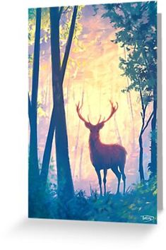 a painting of a deer standing in the woods