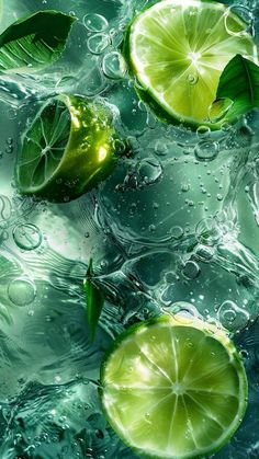 limes and leaves floating in water with bubbles on the surface, as well as drops