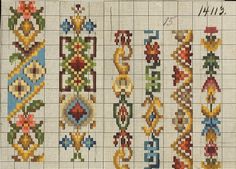 the cross stitch pattern has many different designs on it