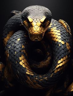 a black and gold snake with its head in the middle of it's body