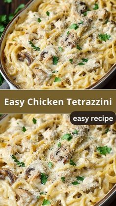 two images of chicken tetrazzini in a casserole dish with parsley