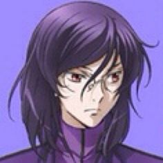 an anime character with long black hair and red eyes, wearing a purple outfit in front of a blue background