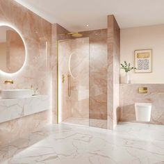 a bathroom with marble floors and walls