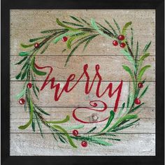 a wooden sign with the word merry painted on it