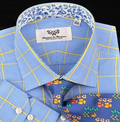 This Listing is for 1x Classic Mens Blue and Yellow Plaids Checks and Stripes Designer Formal Business Dress Shirt Stylish Luxury Fashion Apparel in Double Cuffs or Button Cuffs (Sexy Cool Blue Paisley Inner-Lining) ~ B2B Shirts / Business to Business® ~ (Easy Iron Wrinkle Free Specially Imported Designer Fabric) Choose From Two Cuff Options: Designer Style: #209B BYNSC - Standard Button Cuffs with Chest Pocket MSRP: $129.99 Super Promotional Sale - Hurry Now! Prices Revert Back to MSRP Once Sto Business Dress Shirts, Paisley Flower, Dress Shirt And Tie, Create Shirts, Yellow Plaid, Shirt Dress Style, Formal Business, Luxury Dress, Blue Paisley