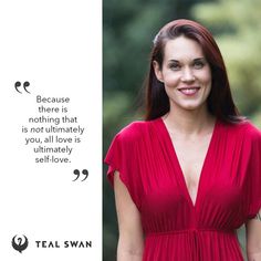 a woman in a red dress with a quote from teal swan on her chest