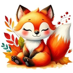 a cute little fox sitting on top of leaves