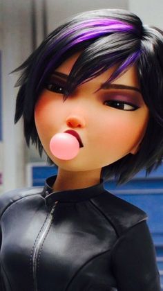 an animated character with black hair and pink tongue sticking out