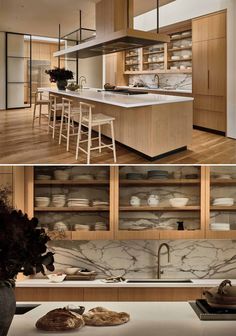 Large Travertine Slabs Were Used To Update This Home's Design Kitchen Wood Cabinets, Countertop Choices, Warm Color Palettes, Small Toilet Room, Kitchen Layouts, Modern Kitchen Island, Kitchen Wood, Small Toilet