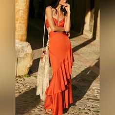 Perfect Condition. Color Is Orange But Almost A Red-Ish Orange Elegant Orange Ruffled Dresses, Orange Evening Maxi Dress, Elegant Orange Cocktail Maxi Dress, Elegant Orange Long Dress, Elegant Orange Beach Dress, Elegant Long Orange Dress, Formal Orange Dress With Ruffles, Formal Orange Ruffled Dresses, Formal Orange Dresses With Ruffles