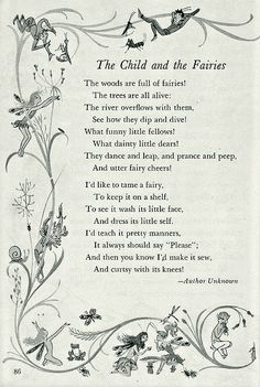 a poem written in black ink on white paper with flowers and fairy characters around it