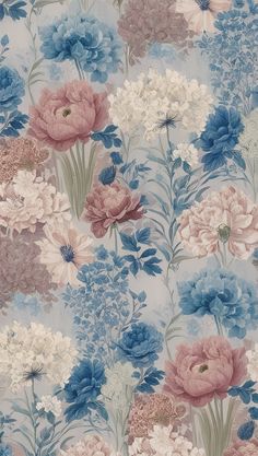 a blue and pink flowered wallpaper with lots of flowers on it's side