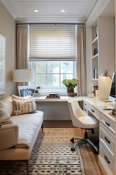 a living room filled with furniture and a window covered in shades of beige, white and brown