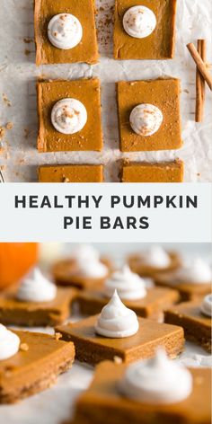 healthy pumpkin pie bars with marshmallows on top and cinnamon sticks in the background