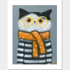 a painting of a cat with glasses and a scarf