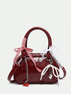 Women's Cute Ballet Style Cherry Pearl & Bow Decor Mini Handbag, Fashionable Burgundy Bag Burgundy Preppy   PU Leather Plain,Tribal Dome Bag   Women Bags, size features are:Bust: ,Length: ,Sleeve Length: Vintage Purses Retro, Cute Bags From Shein, Bag With Accessories, Cute Purses Designer, Coquette Purses, Cute Bags And Purses, Fancy Bags Purses, Baddie Bags, Japanese Purse