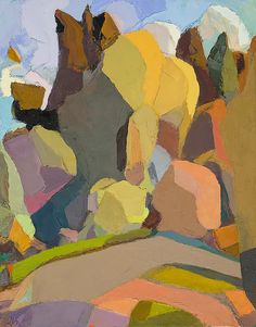 an abstract painting of trees and rocks