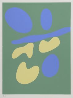 an abstract painting with blue, yellow and green shapes