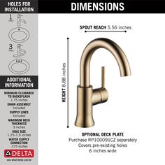 the delta faucet is shown with measurements