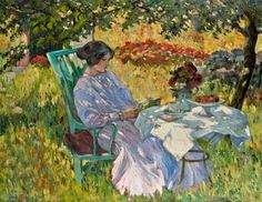 a painting of a woman sitting at a table in the grass with flowers on it