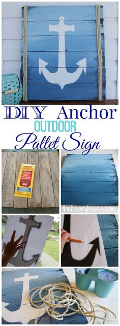 the diy anchor outdoor pallet sign is painted with blue and white paint