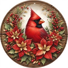 a cardinal sitting on top of a wooden plaque surrounded by poinsettia and holly