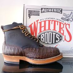 White's Boots Men's Custom Made Boots Smoke Jumper In Super Rare & Awesome Looking Two-Tone Black Leather / Brown Caiman, With 100 Years Of Handmade Quality & Proud To Be Handcrafted In The Usa :) Condition: Brand New With Tags & Original White's Boots Shoe Box (Absolutely100% Authentic & Absolutely As Is & Absolutely All Sales Final) Details: Brand: White's Boots Style: 350hc-700 Color: Black Leather / Brown Caiman Upper: Leather / Caiman Outsole: White's Half Comp-700 Shoelaces: Rawhide (Leath Custom Leather Boots With Snip Toe, Custom Leather Snip Toe Boots, Custom Snip Toe Leather Boots, Brown Goodyear Welted Moc Toe Moto Boots, Custom Black Leather Boots, White's Boots, Boots Shoe, Boots Style, Country Store