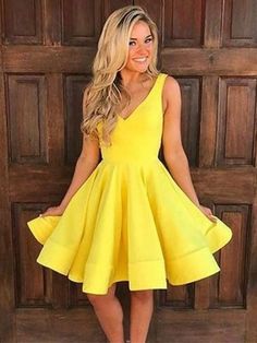 Bridelily A-Line Sleeveless Straps Satin With Ruffles Short/Mini Dresses - Prom Dresses Grade 8 Grad Dresses, Homecoming Dresses Under 100, Short Mini Dresses, Yellow Prom, Short Satin Dress, Daffodil Yellow, Mini Homecoming Dresses, Satin Homecoming Dress, Graduation Dresses