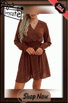 V-neck Printed Casual Women's Dress Brown V-neck Midi Dress, Casual Mini Dress With Surplice Neckline For Fall, Brown Fitted Dress With Surplice Neckline, Brown V-neck Mini Dress For Spring, Brown Surplice Neckline Dress, Fall Dress With Surplice Neckline For Day Out, Fall V-neck Dress With Surplice Neckline, Brown V-neck Mini Dress For Day Out, Fall Mini Dress With Surplice Neckline