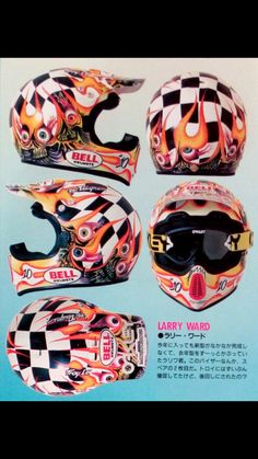 an advertisement for a motorcycle helmet with flames on the side and checkered pattern,