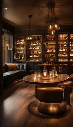 a dimly lit room with wooden tables and leather chairs in front of shelves filled with liquor bottles