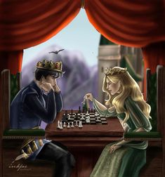 a man and woman sitting at a table playing chess