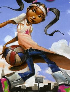 a painting of a girl holding a basketball on top of a building with the words girls power written above her