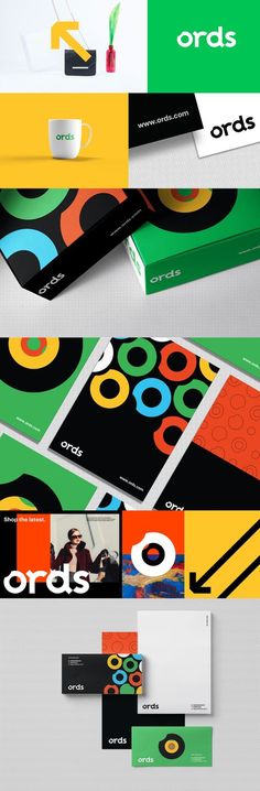 an assortment of business cards and envelopes with different colors, shapes and designs on them