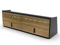 the sideboard is made out of wood and has black metal trims on it