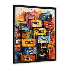 colorful cassette tapes are stacked on top of each other in the shape of an abstract painting