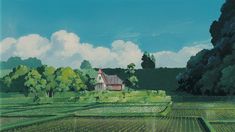 a painting of a house in the middle of a field