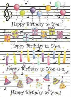 a birthday card with musical notes and balloons on it, says happy birthday to you