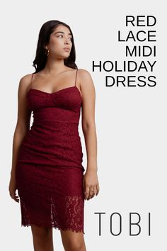 Dazzle them in this feminine red lace midi holiday dress. Did you know you can get dress up cocktail party gowns for Christmas and New Year's Eve outfits on sale? Now's your chance! Why pay more when you can get romantic winter festivity clothing and formal attire for ladies at affordable prices from TOBI. #shoptobi #holidaydresses #lacedresses #mididresses Red Dresses For Women, Crimson Dress