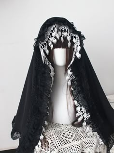 Black / White Nun Lolita Head Veil Nun Headdress, Veil Pagan, Nun Costume Aesthetic, Ghost Ritual Outfit, Crow Clothes, Nun Headpiece, Veil Fashion, Veil Character Design, Veil Black