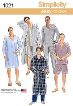 This easy to sew pajama pattern for men includes long robe, night shirt, pajama top with short or long sleeves and pocket plus pull on pj bottom long or short. Simplicity sewing pattern. SIZE: XS-XL NEW AND UNUSED Nightshirt Pattern, Mens Nightshirts, Pajama Pattern, Classic Pajamas, Mens Sleepwear, Butterick Pattern, Paper Sewing Patterns, Mens Loungewear, Simplicity Sewing