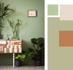 a room with green walls and plants on the side table in front of it is an image of a potted houseplant