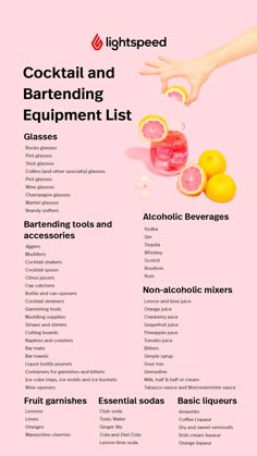 a pink menu with different types of food on it and the words cocktails and barbeque equipment list