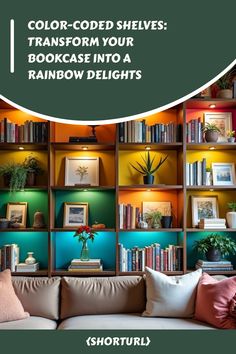 a living room with bookshelves filled with colorful books and plants on the wall