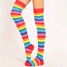 Multi-Color Rainbow Colored Striped Over Knee Thigh High Socks Nwt One-Size Lgbtq Outfit, Funny Socks Women, Skateboard Style, Striped Knee High Socks, Thigh High Sock, Rainbow Socks, Striped Stockings, Clothes Wishlist, Over Knee Socks